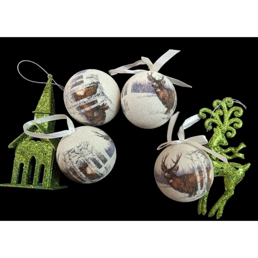 Christams ornament lot  deer church  green‎ white  glitter sparkle